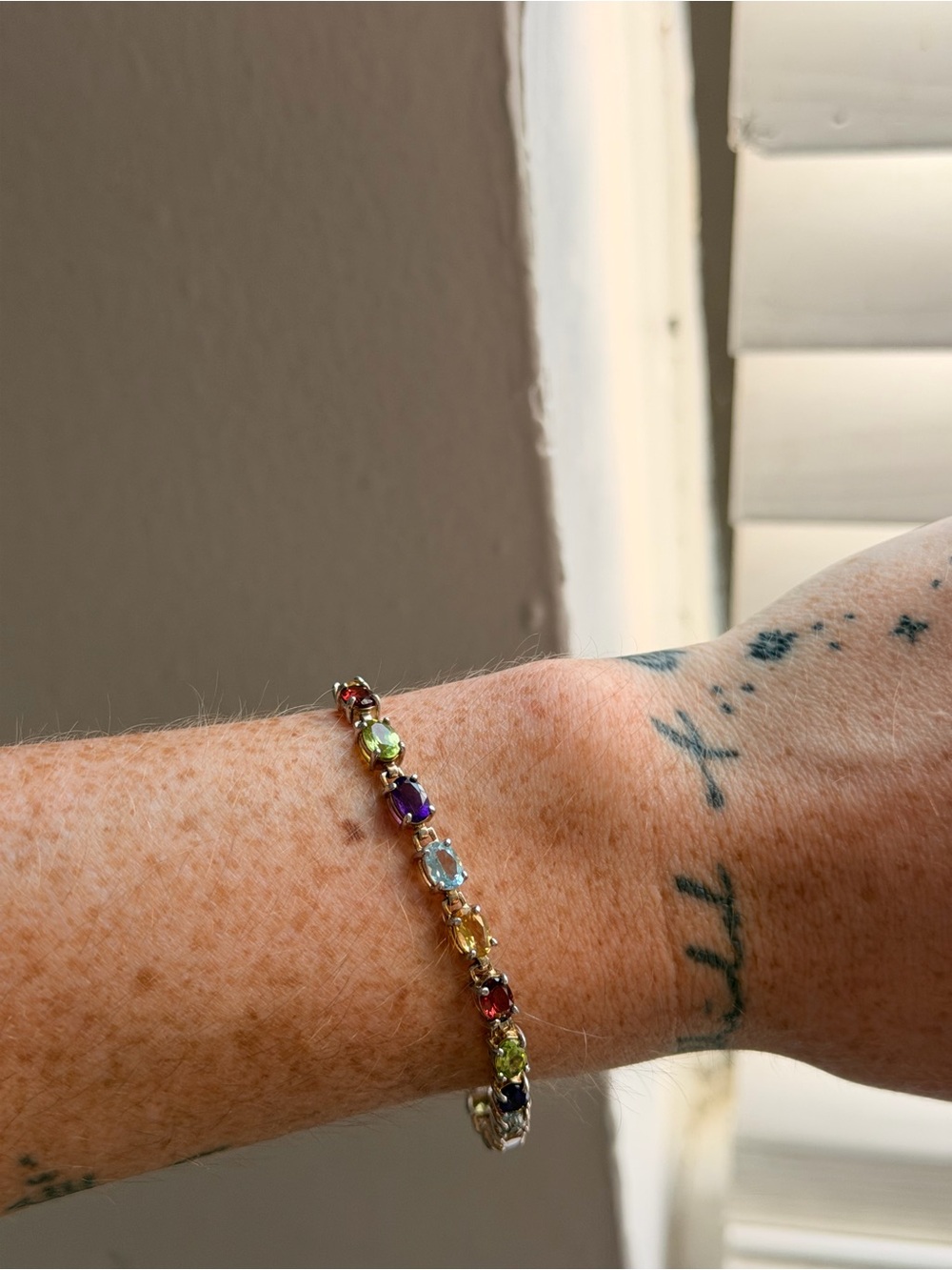 925 Sterling Silver Multi-Gemstone CZ Gold Tennis Bracelet - Multicolor